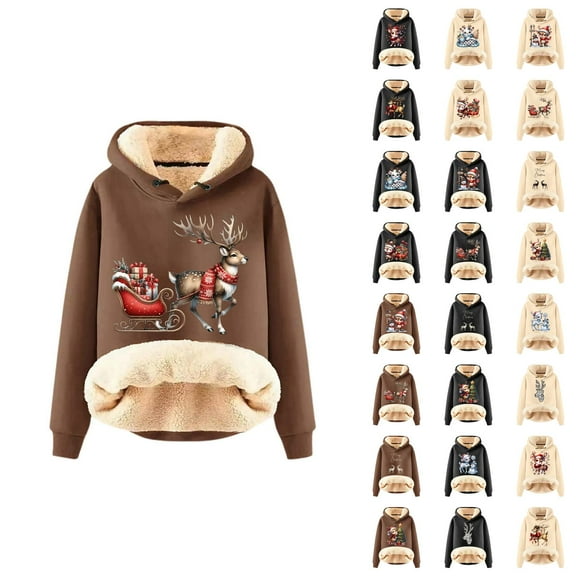 Christmas Cute Reindeer Hoodies for Women 2025 Long Sleeve Heavyweight Hooded Sweatshirt Pullover Tops