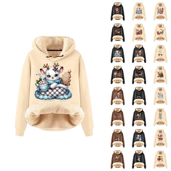 Christmas Cute Reindeer Hoodies for Women 2025 Long Sleeve Heavyweight Hooded Sweatshirt Pullover Tops