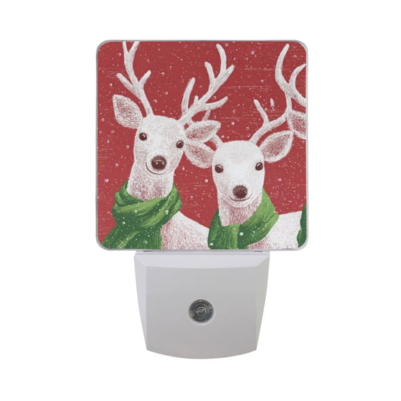 Christmas Cute Reindeer with Green Scarfs LED Night Light Sensor Lamp Plug-in Adjustable Brightness 2 Pack