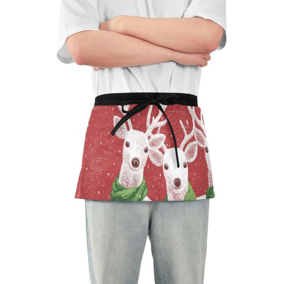 Christmas Cute Reindeer with Green Scarfs Short Server Apron with 3 Pockets for Unisex Chef Gardening