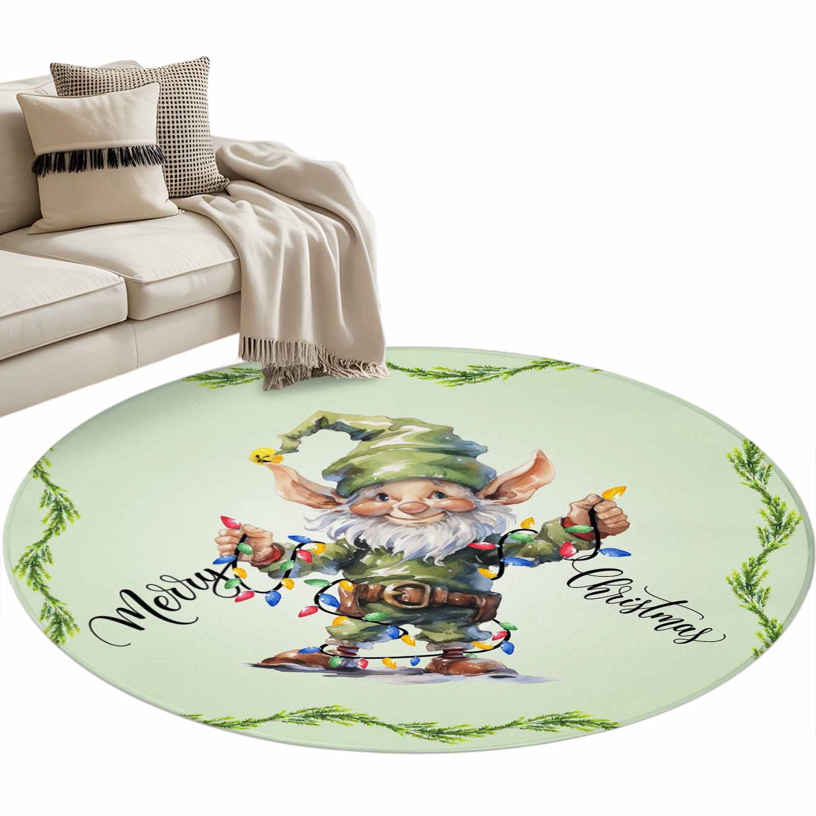 Christmas Cute Round Area Rug 3.3ft Green Dwarf Elf Non-Slip Washable ...