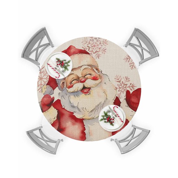 Christmas Cute Santa Claus with Hat Fitted Tablecloth for 45-54in Round Tables,Waterproof Table Cover,Winter Snowflake on Burlap Elastic Edge Table Cloths for Dining Kitchen Holiday Party Decor