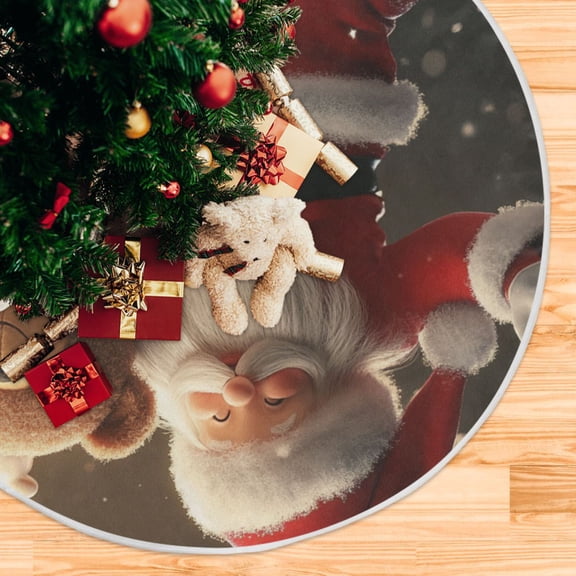 Christmas Cute Santa Dancing with Bear Christmas Tree Skirt Opening Design Floor Mat Holiday Decor 47 inch