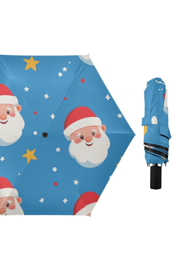 Christmas Cute Santa Faces Stars All Weather Umbrella Triple Folding Parasol 6 Ribs UV Protection Portable