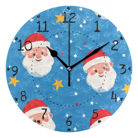 Christmas Cute Santa Faces Stars Round Wall Clock Silent Analog Battery Operated Black Pointer Home Decor 9.84" Diameter