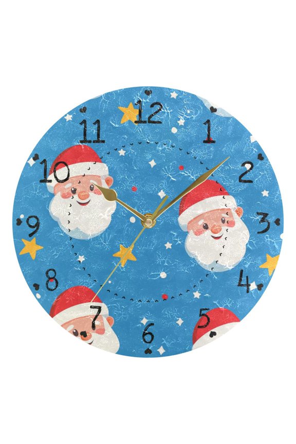 Christmas Cute Santa Faces Stars Round Wall Clock Silent Analog Battery Operated Gold Pointer Home Decor 9.84" Diameter