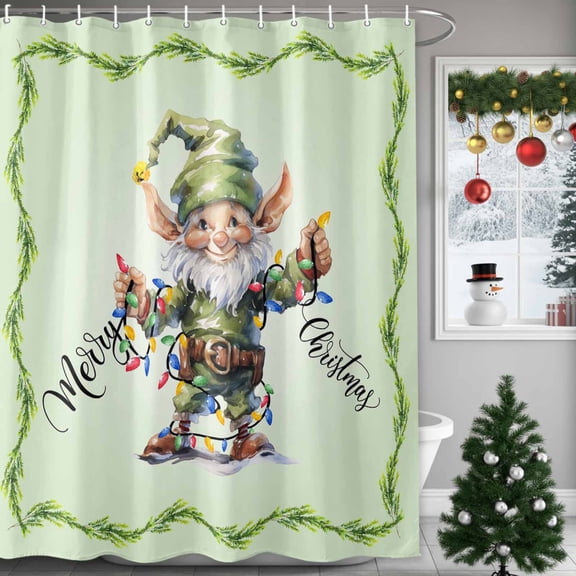 Christmas Cute Shower Curtains for Bathroom, Green Dwarf Elf Waterproof Fabric Shower Curtain for Bathroom Bathtub Decoration, Machine Washable, 54x"78"
