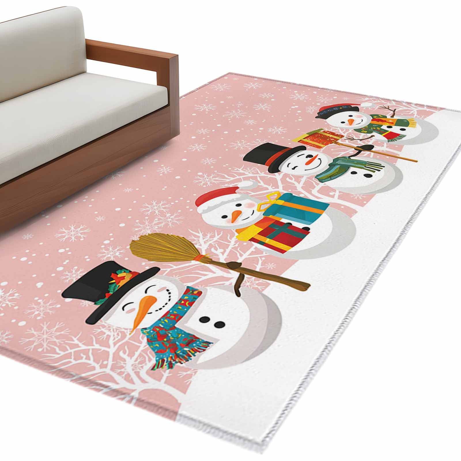 Christmas Cute Snowman Area Rug 2.7x5ft Snowflakes Winter Pink Texture ...