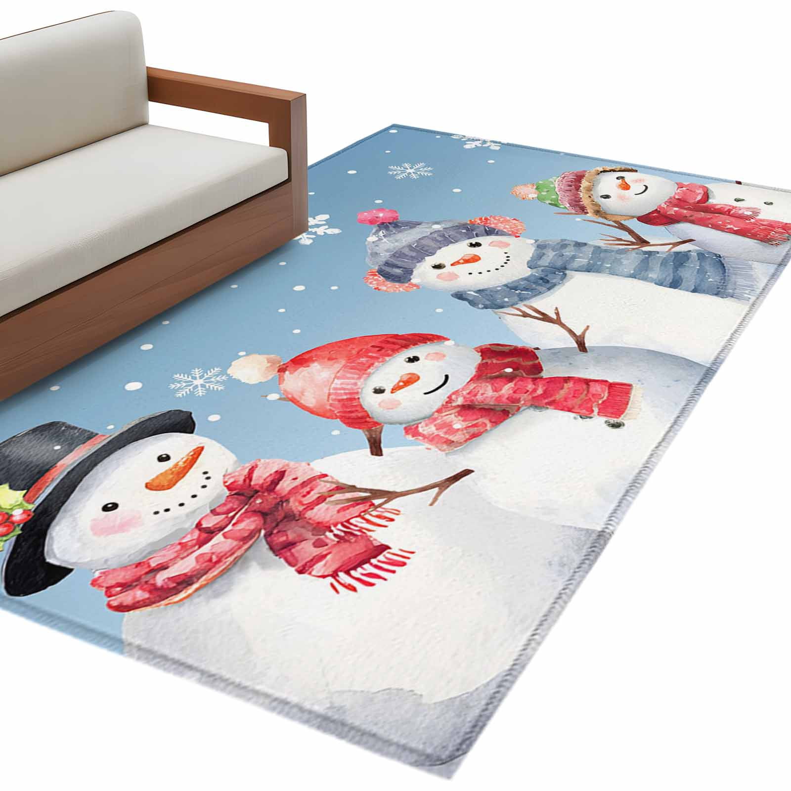 Round Blue Snowflake Rug Christmas Cute Snowman Area Rug 3x5ft Winter Snowflakes Blue Ombre Non ...