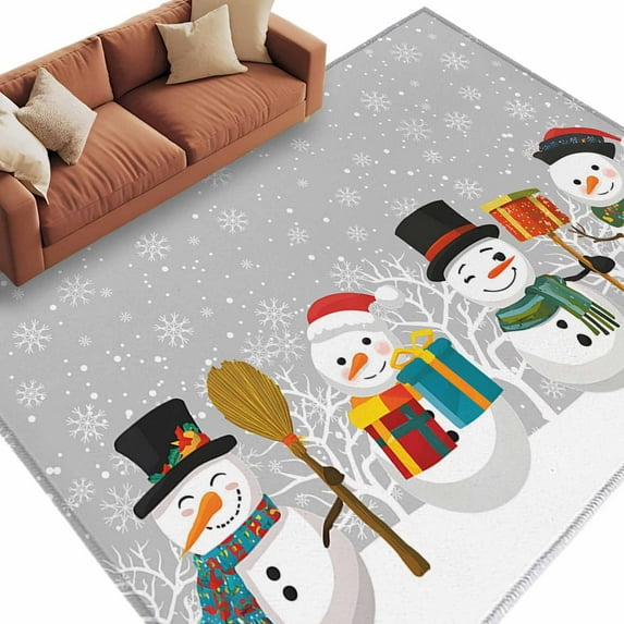 Christmas Cute Snowman Area Rug 5x8ft Snowflakes Winter Grey Texture ...