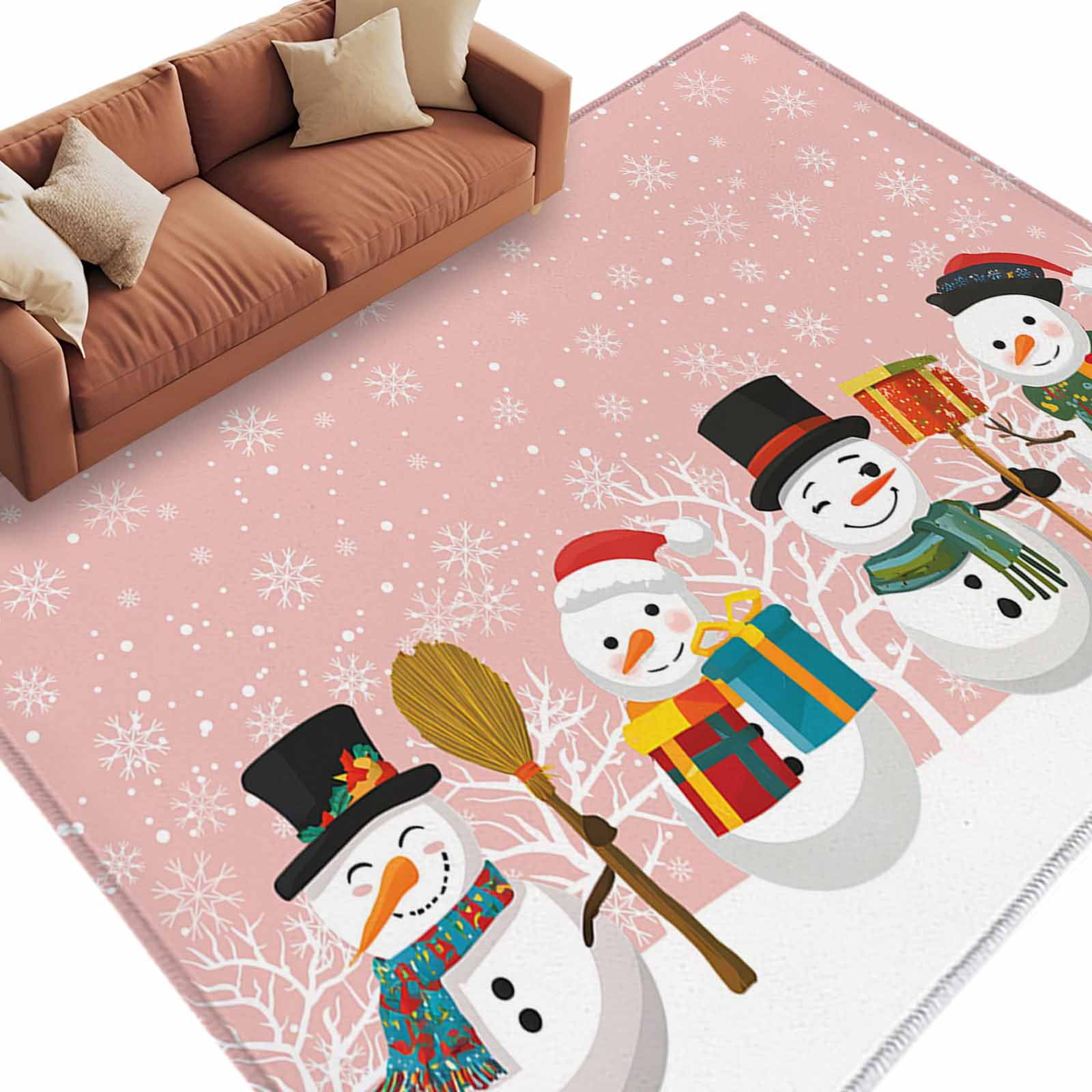 Christmas Cute Snowman Area Rug 5x8ft Snowflakes Winter Pink Texture ...
