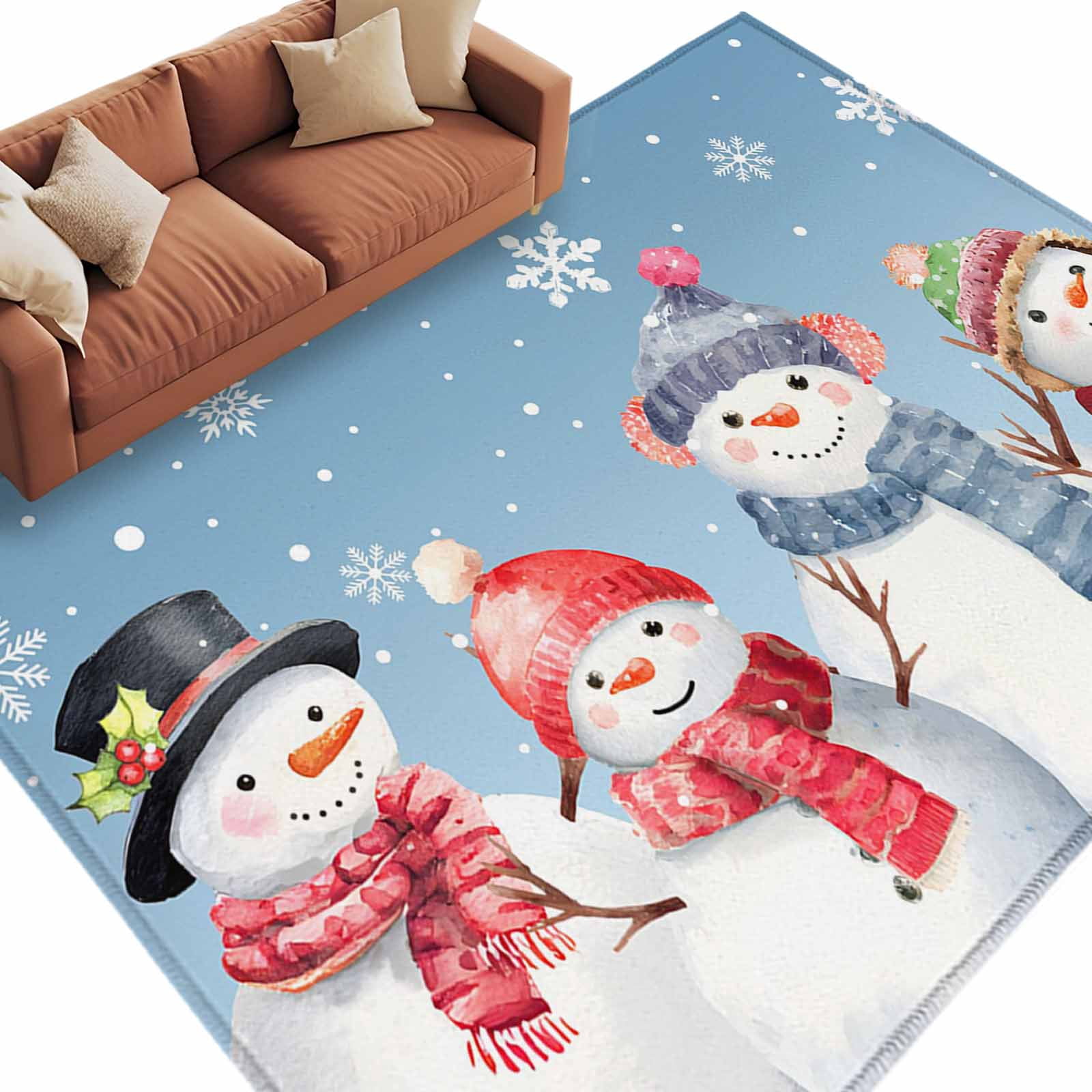 Round Blue Snowflake Rug Christmas Cute Snowman Area Rug 5x8ft Winter Snowflakes Blue Ombre Non ...