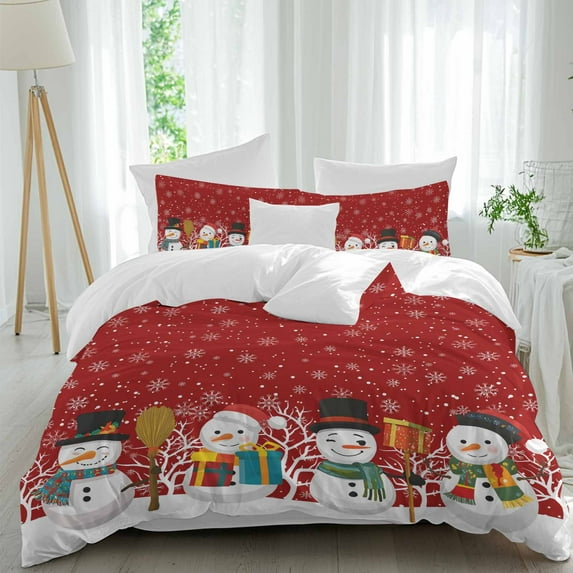 Christmas Cute Snowman Duvet Cover Set Twin Size, Snowflakes Winter Red Texture 4 Piece Soft Microfiber Bedding Set with 1 Duvet Cover, 1 Flat Sheet, 2 Pillowcases
