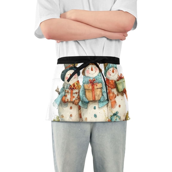 Christmas Cute Snowman Holding Presents Short Server Apron with 3 Pockets for Unisex Chef Gardening