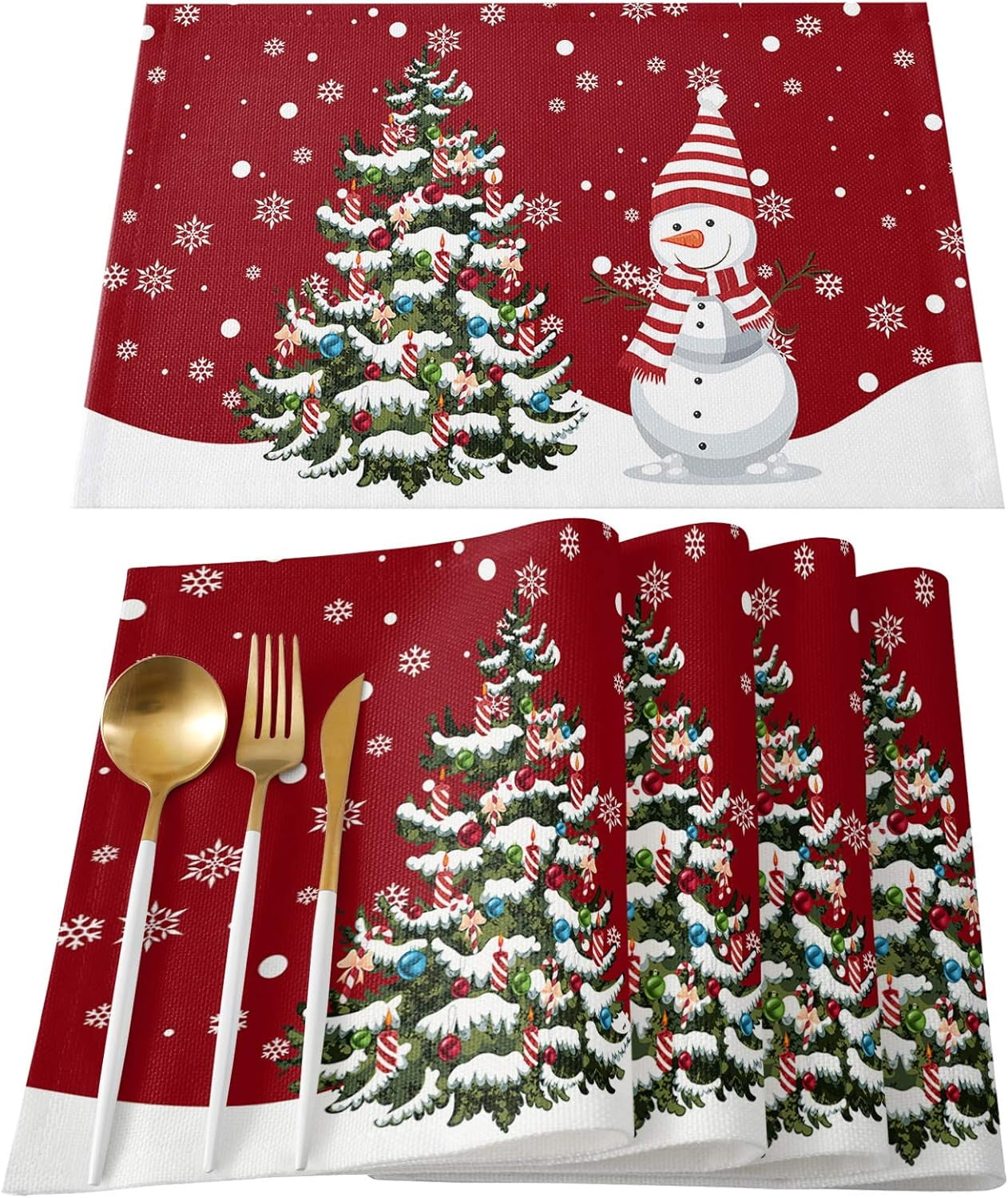 Christmas Cute Snowman Placemats Set of 4,Bell Tree Table Mats Waterproof NonSlip Placemat