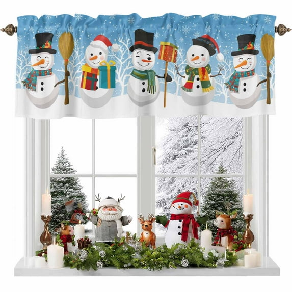 Christmas Cute Snowman Valances for Windows, 54 x 18in, Snowflakes Winter Blue Texture Rod Pocket Kitchen Valance Curtain Light Filtering Window Treatments for Living Room Bedroom, 1 Panel
