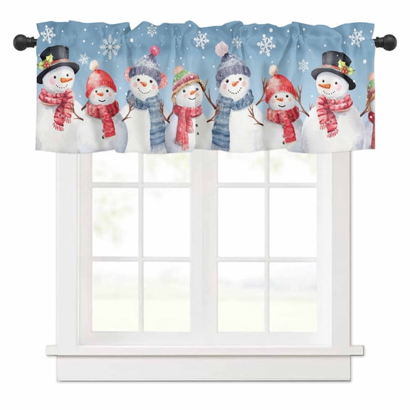 Christmas Cute Snowman Valances for Windows Winter Snowflakes Blue Ombre Rod Pocket Curtain Valance Window Treatment Short Curtains for Kitchen Living Room, 42"x12"