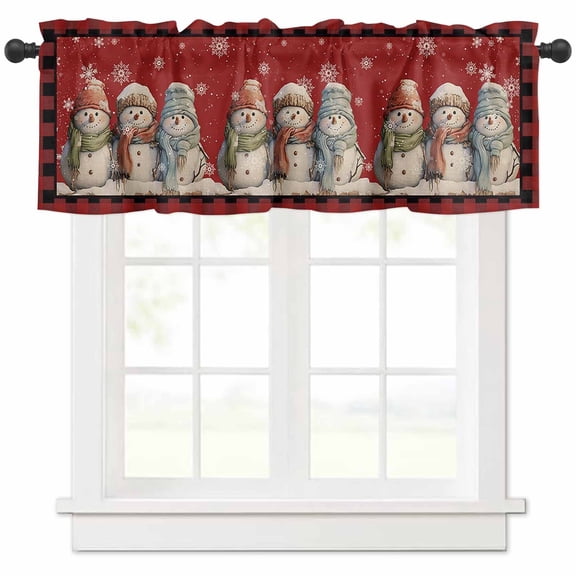 Christmas Cute Valances for Windows, Snowman Red Buffalo Plaid Border Light Filtering Window Treatment Valances, Rod Pocket Small Curtains for Kitchen/Bathroom, 54"x18"