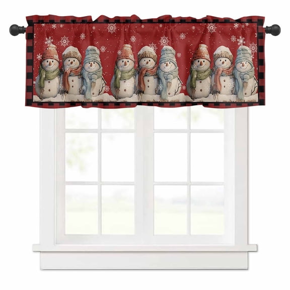 Christmas Cute Valances for Windows Snowman Red Buffalo Plaid Border Rod Pocket Curtain Valance Window Treatment Short Curtains for Kitchen Living Room, 42"x18"