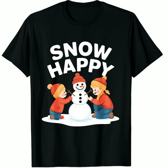 Christmas Cute Winter Snowman Snow Happy Print Black Cartoon Graphic T-Shirt for Men and Women