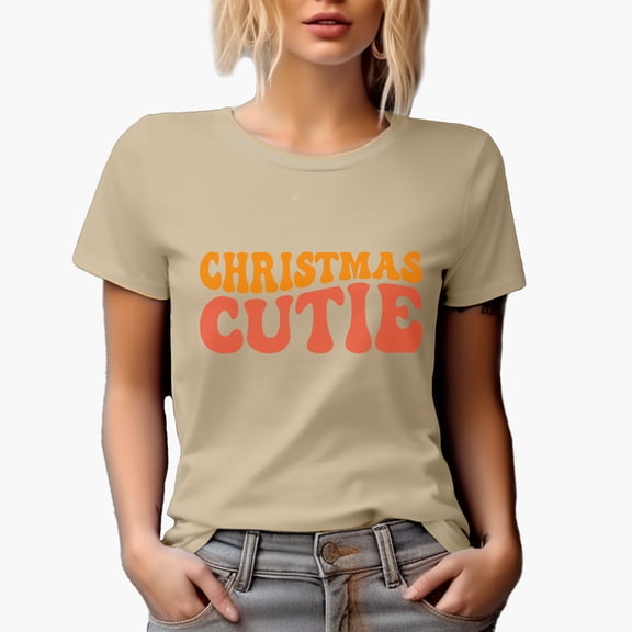 Christmas Cutie, Groovy Retro Wavy Text Merch Gift, Tan T-Shirt, Small
