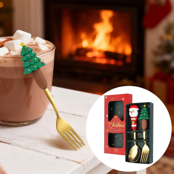 Christmas Cutlery Set 4 Piece Gold Spoon Fork Set Holiday Dinnerware Flatware Christmas Tree Snowman Figurine Utensils Festive Table Decor Coffee Tea Spoons,cooking utensils
