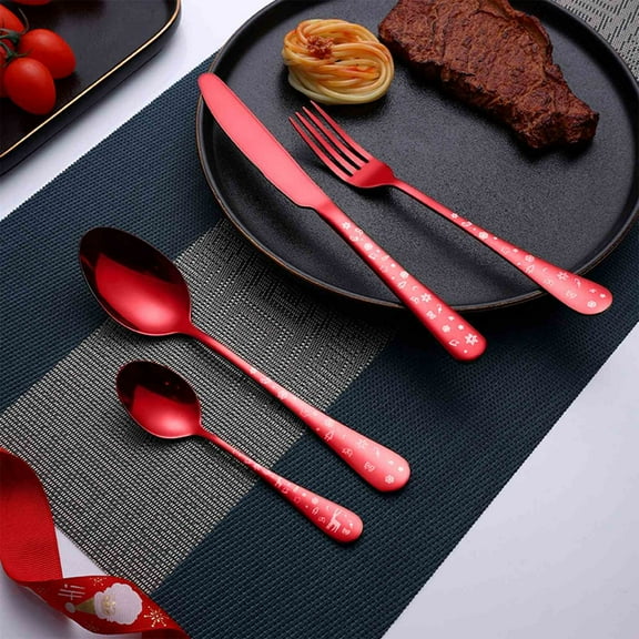 Christmas Cutlery Set 4-Piece Stainless Steel Knife Fork Spoon Red Christmas Dinner Sets - Bake-Like Shape Ergonomic Design Easy Clean No Fade
