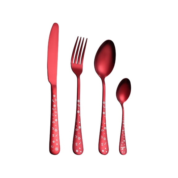 Christmas Cutlery Set, Stainless Steel Flatware, 4 Piece Knife Fork Spoon Dinnerware Set, Red Green Durable Ergonomic Design Easy Clean