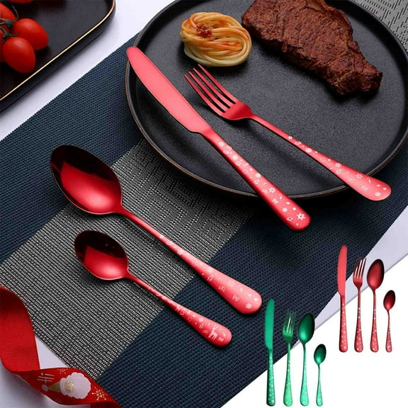 Christmas Cutlery Set | Stainless Steel Knife, Fork, Spoon | 4-Piece Tableware | Red Green | Baking Shape | Durable | Easy Clean | 23x5x5cm | 1 Set | No Fading