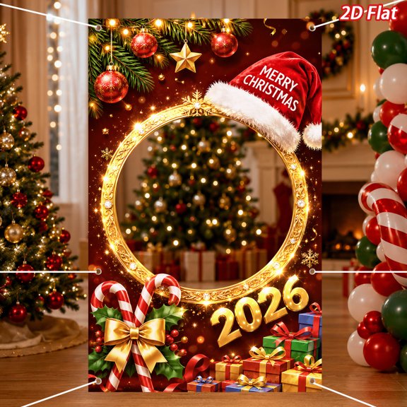 Christmas Cutout Photo Booth Backdrop, Hollow Photo Frame Vinyl Backdrop with Four Corner Holes, 75×120cm Xmas Party Selfie Background Decor