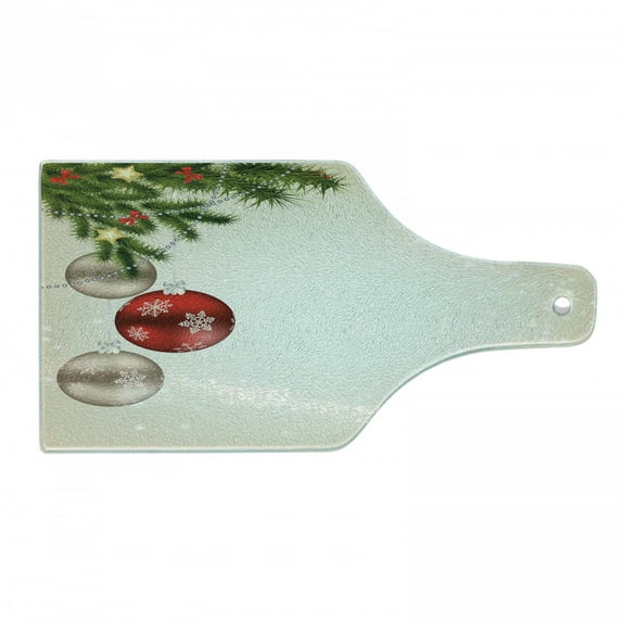Christmas Cutting Board, Abstract Celebration Balls Coniferous Tree Branches Bowties, Decorative Tempered Glass Cutting and Serving Board, Wine Bottle Shape, Beige Red Green, by Ambesonne