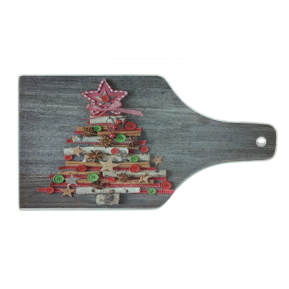 Christmas Cutting Board, Abstract Cloth Style Tree Concept Buttons Star Topper Wooden Backdrop, Decorative Tempered Glass Cutting and Serving Board, Wine Bottle Shape, Multicolor, by Ambesonne