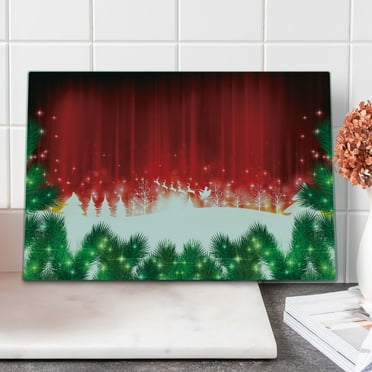 Christmas Cutting Board, Blurry Xmas Carol Background Santa Fir Rudolph Annual Festival Image, Decorative Tempered Glass Cutting and Serving Board, Large Size, Red Green White, by Ambesonne