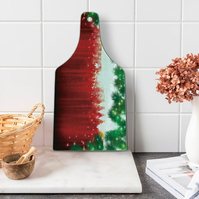 Christmas Cutting Board, Blurry Xmas Carol Background Santa Fir Rudolph Annual Festival Image, Decorative Tempered Glass Cutting and Serving Board, Wine Bottle Shape, Red Green White, by Ambesonne