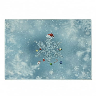 Christmas Cutting Board, Branch of a Fir Tree and Blue Ball with Exposure Snowflake Motifs View Print, Decorative Tempered Glass Cutting and Serving Board, Small Size, Brown Green, by Ambesonne