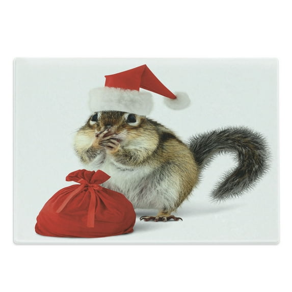 Christmas Cutting Board, Chipmunk in Red Santa Claus Hat and Bag with Surprise Xmas Presents, Decorative Tempered Glass Cutting and Serving Board, Large Size, Pale Yellow White Red, by Ambesonne