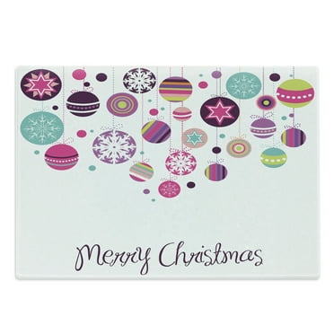 Christmas Cutting Board, Colorful Graphic Baubles Retro Snowflake Ornaments Celebration Hand Writing, Decorative Tempered Glass Cutting and Serving Board, Large Size, Multicolor, by Ambesonne