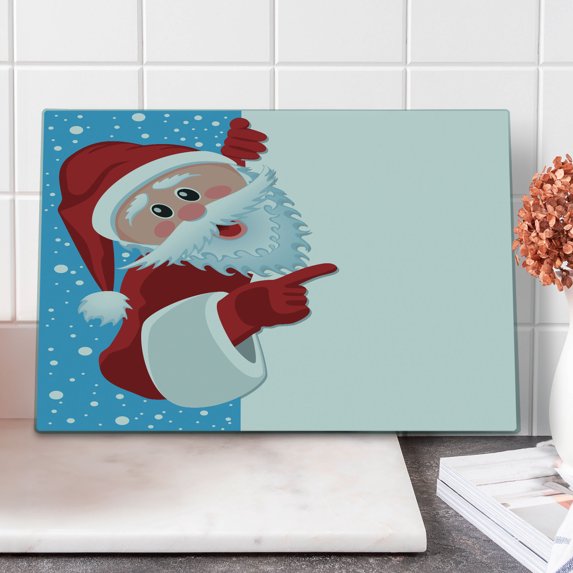 Christmas Cutting Board, Father Christmas Happy Illustration Winter Snow Season Elements, Decorative Tempered Glass Cutting and Serving Board, in 3 Sizes, by Ambesonne