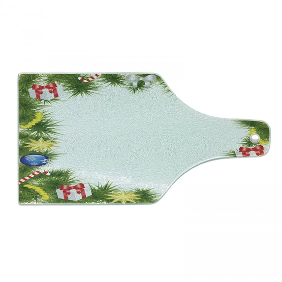 Christmas Cutting Board, Fir Branches Square Framework Xmas Noel Celebration in Vibrant Colors, Decorative Tempered Glass Cutting and Serving Board, Wine Bottle Shape, Multicolor, by Ambesonne