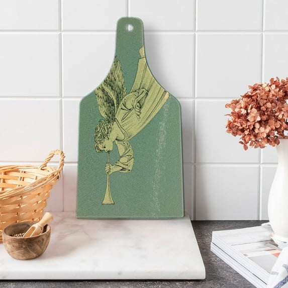 Christmas Cutting Board, Flying Christmas Angel with Wings Playing Trumpet Mythological Art, Decorative Tempered Glass Cutting and Serving Board, Wine Bottle Shape, Yellow Mint, by Ambesonne