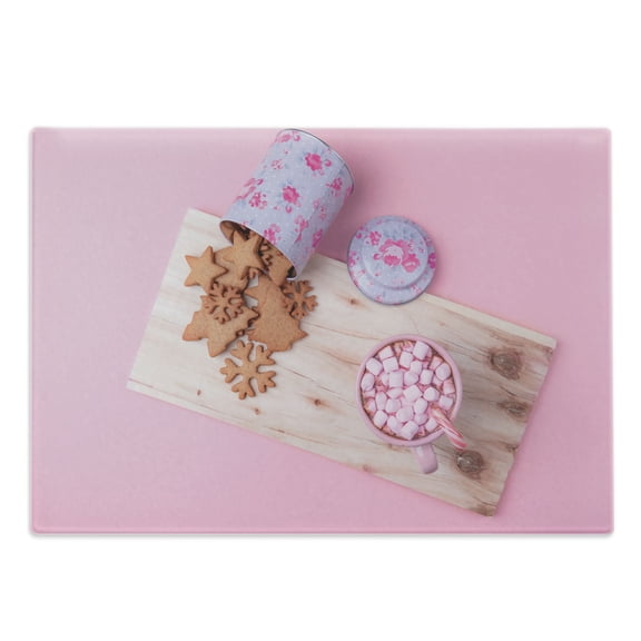 Christmas Cutting Board, Gingerbread Cookies Hot Chocolate with Pink Marshmallows and Candy Cane, Decorative Tempered Glass Cutting and Serving Board, in 3 Sizes, by Ambesonne