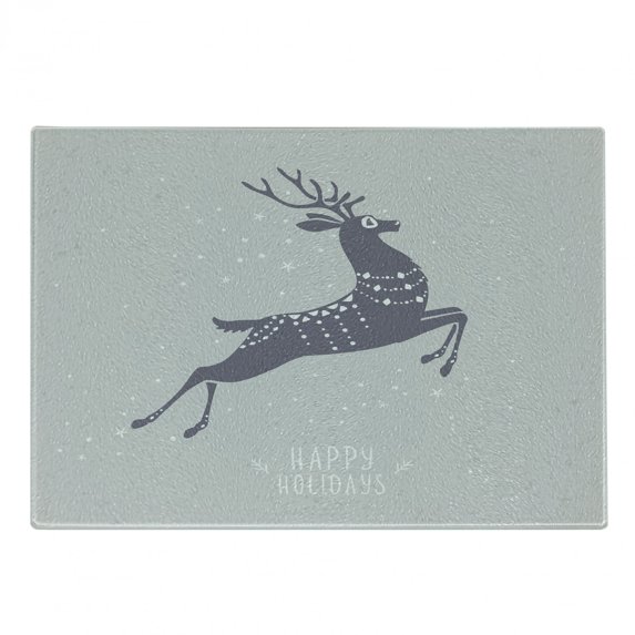 Christmas Cutting Board, Happy Holiday Message Written on a Deer Silhouette Snowy Winter, Decorative Tempered Glass Cutting and Serving Board, in 3 Sizes, by Ambesonne
