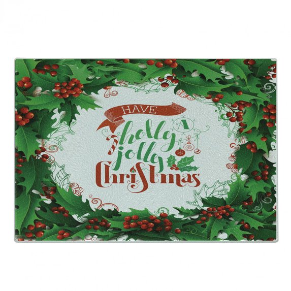 Christmas Cutting Board, Have a Happy Jolly Xmas Lettering Red Berries Framework Print, Decorative Tempered Glass Cutting and Serving Board, Small Size, Green Red and White, by Ambesonne