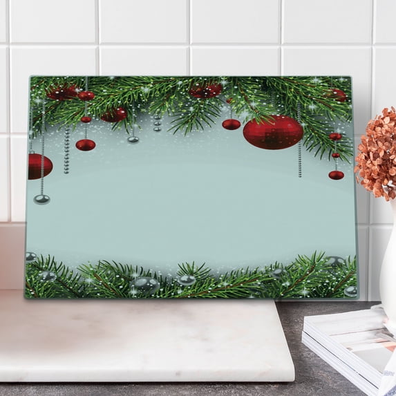 Christmas Cutting Board, Holiday Season Backdrop with Pine Leaves Ball Classic Design Print, Decorative Tempered Glass Cutting and Serving Board, Large Size, Multicolor, by Ambesonne