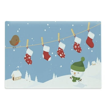 Christmas Cutting Board, Little Bird and Socks Hanging on Clothesline Snowy Cartoon Print, Decorative Tempered Glass Cutting and Serving Board, Large Size, White Blue, by Ambesonne