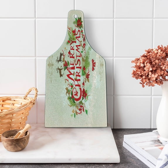 Christmas Cutting Board, Merry Xmas Wish Fir Tree Branches Poinsettia Flowers Birds and Deer, Decorative Tempered Glass Cutting and Serving Board, Wine Bottle Shape, Green Red Tan, by Ambesonne