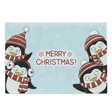 Christmas Cutting Board, New Year Words Penguins with Hats and Scarf Snowflakes Theme, Decorative Tempered Glass Cutting and Serving Board, Large Size, Blue Red, by Ambesonne