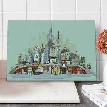 Christmas Cutting Board, Noel in the City Xmas Background Yule Holiday Traditional Winter Scenery, Decorative Tempered Glass Cutting and Serving Board, Large Size, Pale Green Lavender, by Ambesonne