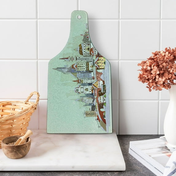 Christmas Cutting Board, Noel in the City Xmas Background Yule Holiday Traditional Winter Scenery, Tempered Glass Cutting and Serving Board, Wine Bottle Shape, Pale Green Lavender, by Ambesonne