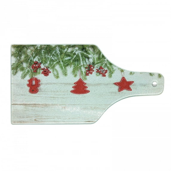 Christmas Cutting Board, Noel Tree Branches over Timber Board with Handmade Toy and Berries Image, Decorative Tempered Glass Cutting and Serving Board, Wine Bottle Shape, Beige Red, by Ambesonne